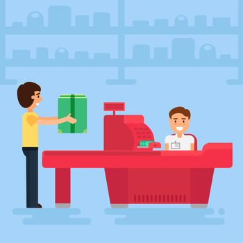 Store with customer and cashier near cash desk. Store or market retail interior. Shopping concept illustration. People are paying purchase. Vector