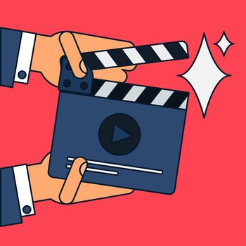 Flat movie clapperboard symbol in hands. Stylish blank movie clapperboard elements. Vector