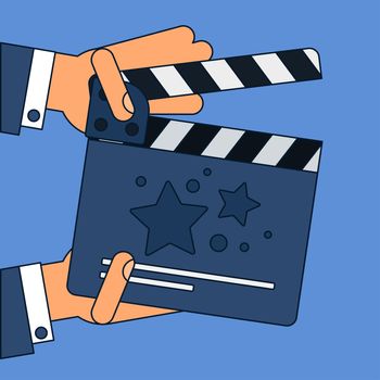Flat movie clapperboard symbol in hands. Stylish blank movie clapperboard elements. Vector