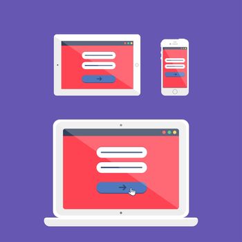 Adaptive Web Template and Gadget Elements for site form of email subscribe, newsletter or login to account, submit on Smartphone, Tablet, Notebook. Flat minimalistic pad, phone, laptop mockups. Vector