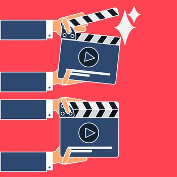 Flat movie clapperboard symbol in hands. Stylish blank movie clapperboard elements. Vector