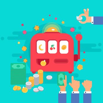 Casino design items. Gambling machine with money. One armed bandit. Variations of hands. Vector
