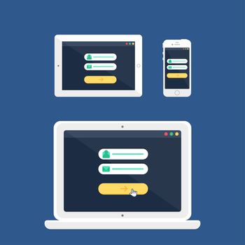 Adaptive Web Template and Gadget Elements for site form of email subscribe, newsletter or login to account, submit on Smartphone, Tablet, Notebook. Flat minimalistic pad, phone, laptop mockups. Vector