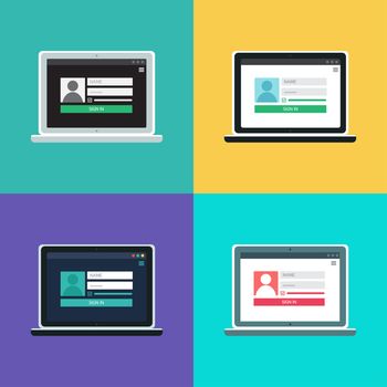 Web Template and Elements for site form of login to account on computer. Vector