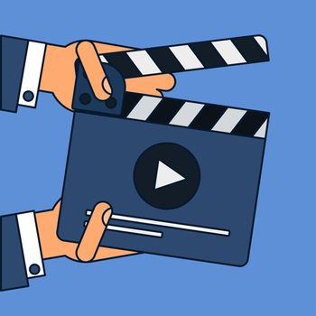 Flat movie clapperboard symbol in hands. Stylish blank movie clapperboard elements. Vector