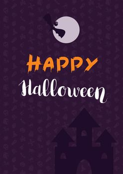 Happy Halloween Lettering with bat, castle. Trick or treat concept for print, fabric, greeting, card, banner, t-shirt. Poster with halloween text. Vector