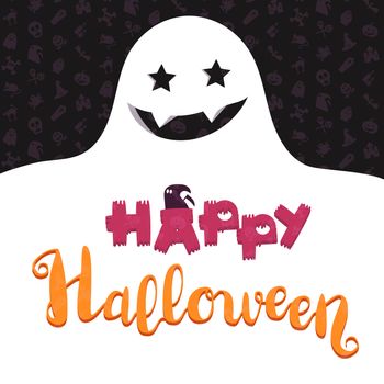 Happy Halloween Lettering with ghost. Trick or treat concept for print, fabric, greeting, card, banner, t-shirt. Poster with halloween text. Vector