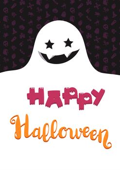 Happy Halloween Lettering with ghost. Trick or treat concept for print, fabric, greeting, card, banner, t-shirt. Poster with halloween text. Vector