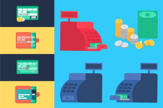 Cash register with money and coins. Commerce concept. Store symbol. Web Template, Web Elements for site form of online shopping and enter card data. Vector