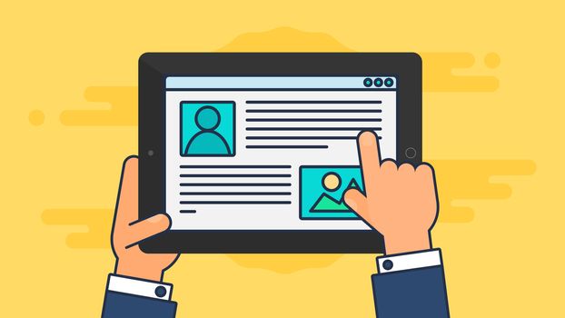 Web Template and Elements for site of blog and infographics on tablet or reader. Vector