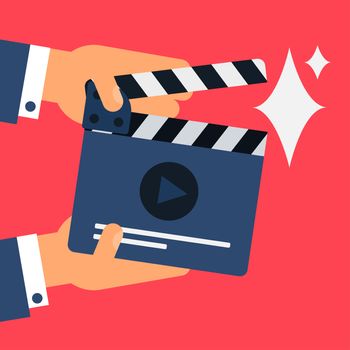 Flat movie clapperboard symbol in hands. Stylish blank movie clapperboard elements. Vector