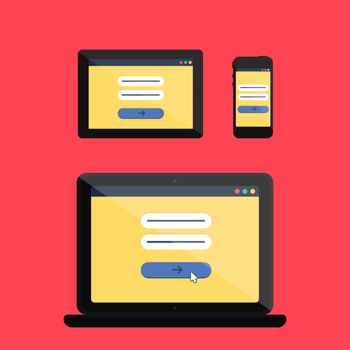 Adaptive Web Template and Gadget Elements for site form of email subscribe, newsletter or login to account, submit on Smartphone, Tablet, Notebook. Flat minimalistic pad, phone, laptop mockups. Vector