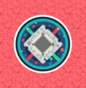 Computer Processor Chip with cable, wire. Symbol of programmer hard work, system administrator activities, scientific innovation, technical advancements and robotics. High tech microprocessor. Vector