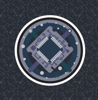 Computer Processor Chip with cable, wire. Symbol of programmer hard work, system administrator activities, scientific innovation, technical advancements and robotics. High tech microprocessor. Vector