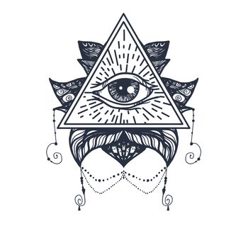 Vintage All Seeing Eye in Mandala Lotus. Providence magic symbol for print, tattoo, coloring book,fabric, t-shirt, cloth in boho style. Astrology, occult, esoteric insight sign with eye. Vector