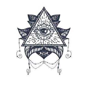 Vintage All Seeing Eye in Mandala Lotus. Providence magic symbol for print, tattoo, coloring book,fabric, t-shirt, cloth in boho style. Astrology, occult, esoteric insight sign with eye. Vector