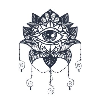 Vintage All Seeing Eye in Mandala Lotus. Providence magic symbol for print, tattoo, coloring book,fabric, t-shirt, cloth in boho style. Astrology, occult, esoteric insight sign with eye. Vector