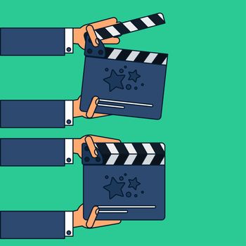 Flat movie clapperboard symbol in hands. Stylish blank movie clapperboard elements. Vector