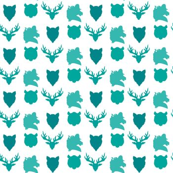 Wildlife seamless pattern. Zoo ornament for print, fabric, cloth, child items and wrap. Nature fauna wallpaper. Silhouettes head animals background. Vector