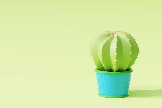 Cactus in cartoon minimal style with light green background. It is a plant that lives in the western desert. Concept of lover cactus. Copy space for your article on the left. 3D illustration rendering