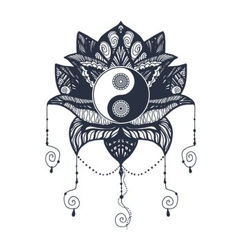 Vintage Yin and Yang in Mandala Lotus. Tao symbol for print, tattoo, coloring book,fabric, t-shirt, yoga, henna, cloth in boho style. Mehndi, occult and tribal, esoteric and alchemy sign. Vector