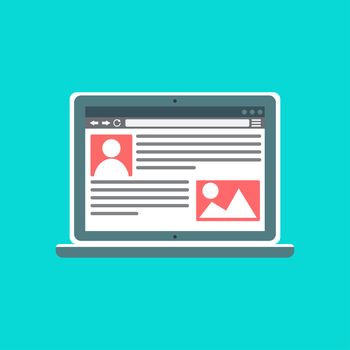 Web Template and Elements for site of blog and infographics on computer. Vector