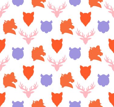 Wildlife seamless pattern. Zoo ornament for print, fabric, cloth, child items and wrap. Nature fauna wallpaper. Silhouettes head animals background. Vector