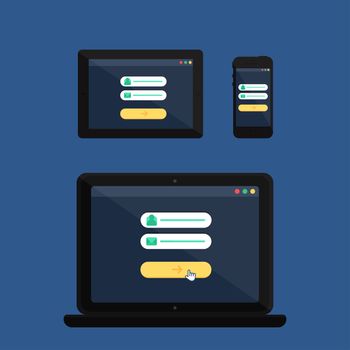 Adaptive Web Template and Gadget Elements for site form of email subscribe, newsletter or login to account, submit on Smartphone, Tablet, Notebook. Flat minimalistic pad, phone, laptop mockups. Vector