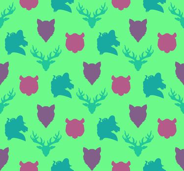 Wildlife seamless pattern. Zoo ornament for print, fabric, cloth, child items and wrap. Nature fauna wallpaper. Silhouettes head animals background. Vector