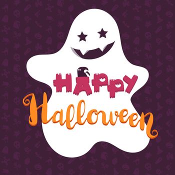 Happy Halloween Lettering with ghost. Holiday concept for print, fabric, greeting card, banner, t-shirt. Vector