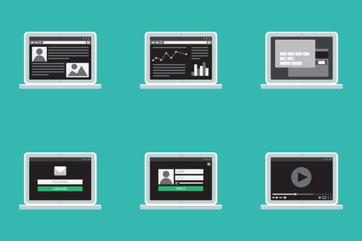 Adaptive Web Template for site forms of email subscribe, login to account, watching video, online shopping, blog and infographics on computer. Vector