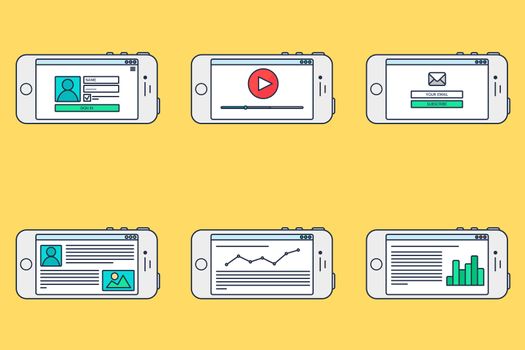 Outline Adaptive Web Phone Template and Gadget Elements for site forms of email subscribe, login to account, watching video, online shopping, blog and infographics on computer. Vector