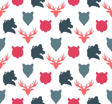 Wildlife seamless pattern. Zoo ornament for print, fabric, cloth, child items and wrap. Nature fauna wallpaper. Silhouettes head animals background. Vector