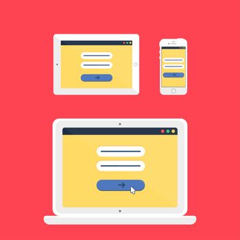 Adaptive Web Template and Gadget Elements for site form of email subscribe, newsletter or login to account, submit on Smartphone, Tablet, Notebook. Flat minimalistic pad, phone, laptop mockups. Vector