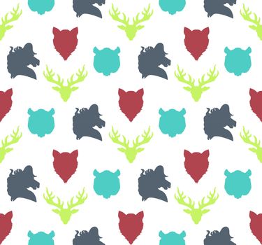 Wildlife seamless pattern. Zoo ornament for print, fabric, cloth, child items and wrap. Nature fauna wallpaper. Silhouettes head animals background. Vector