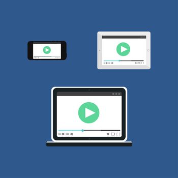 Adaptive Web Template and Gadget Elements for site form of watching online video on Smartphone, Tablet, Notebook. Flat minimalistic pad, phone, laptop mockups. Vector