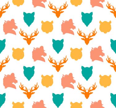 Wildlife seamless pattern. Zoo ornament for print, fabric, cloth, child items and wrap. Nature fauna wallpaper. Silhouettes head animals background. Vector