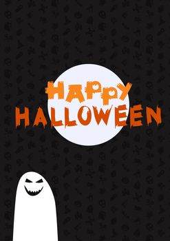 Happy Halloween Lettering with ghost, moon. Trick or treat concept for print, fabric, greeting, card, banner, t-shirt. Poster with halloween text. Vector