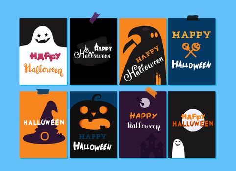 Happy Halloween Lettering Templates Set. Trick or treat concept for print, fabric, greeting, card, banner, t-shirt. Poster with halloween text, ghost, hat, candle, bat, castle, pumpkin, skull. Vector