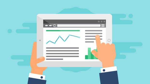 Web Template and Elements for site of blog and infographics on tablet or reader. Vector