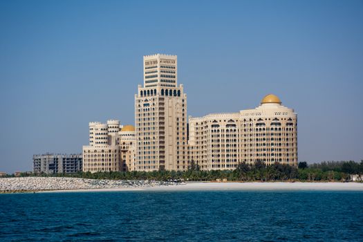 "Ras al Khaimah, RAK/United Arab Emirates - 5/3/2019: Waldorf Astoria in Ras al Khaimah, United Arab Emirates (UAE) with the sea and beach in view."