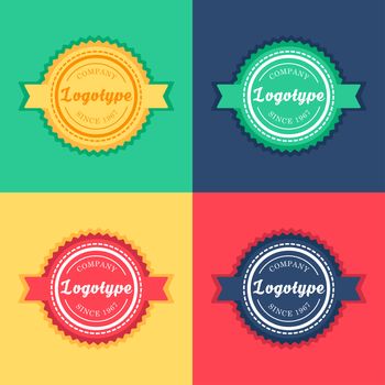 Vintage badge and label templates set in green, yellow, red and blue colors. Design logotype elements. Retro tag emblem. Vector