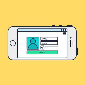 Web Phone Template and Gadget Elements for site form of login to account on Smartphone. Vector