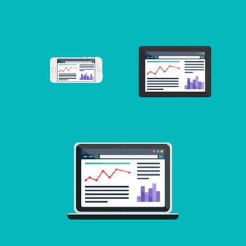 Adaptive Web Phone Template and Gadget Elements for site of blog and infographics on Smartphone, Tablet, Notebook. Flat minimalistic pad, phone, laptop mockups. Vector