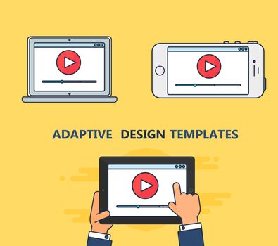 Adaptive Web Template and Gadget Elements for site form of watching online video on Smartphone, Tablet, Notebook. Flat minimalistic pad, phone, laptop mockups. Vector