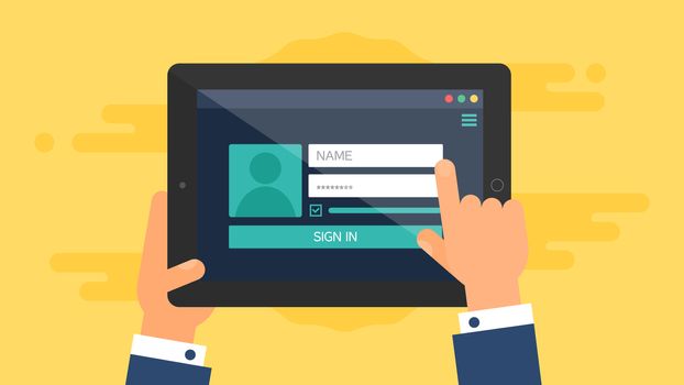 Web Template and Elements for site form of login to account on tablet. Vector