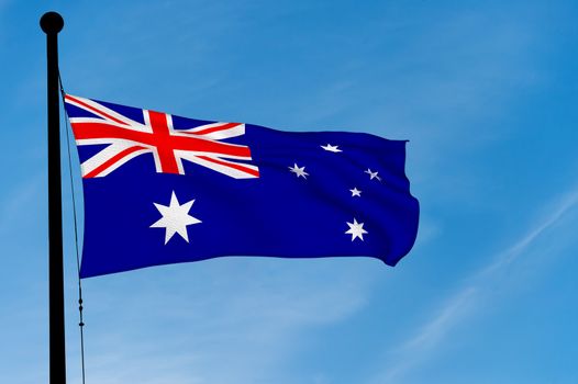 Australian Flag waving over blue sky (3D rendering)