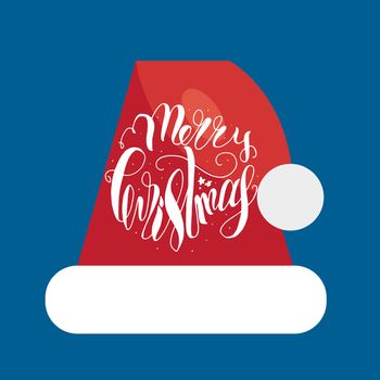 Merry Christmas Hand Drawn Lettering with Santa Claus Hat Illustration. Xmas Design Label Elements for holiday invitation, greeting, card and headline, title, sticker, emblem, print, magnet. Vector