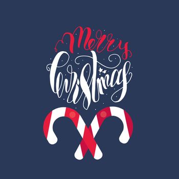 Merry Christmas Hand Drawn Lettering with caramel stick illustration. Xmas Design Label Elements for holiday invitation, greeting, card and headline, title, sticker, emblem, print, magnet. Vector