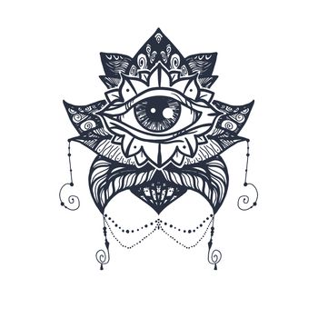 Vintage All Seeing Eye in Mandala Lotus. Providence magic symbol for print, tattoo, coloring book,fabric, t-shirt, cloth in boho style. Astrology, occult, esoteric insight sign with eye. Vector